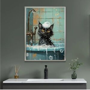 Black Cat in Bathtub Frameless Canvas Art Print (12” x 16”)